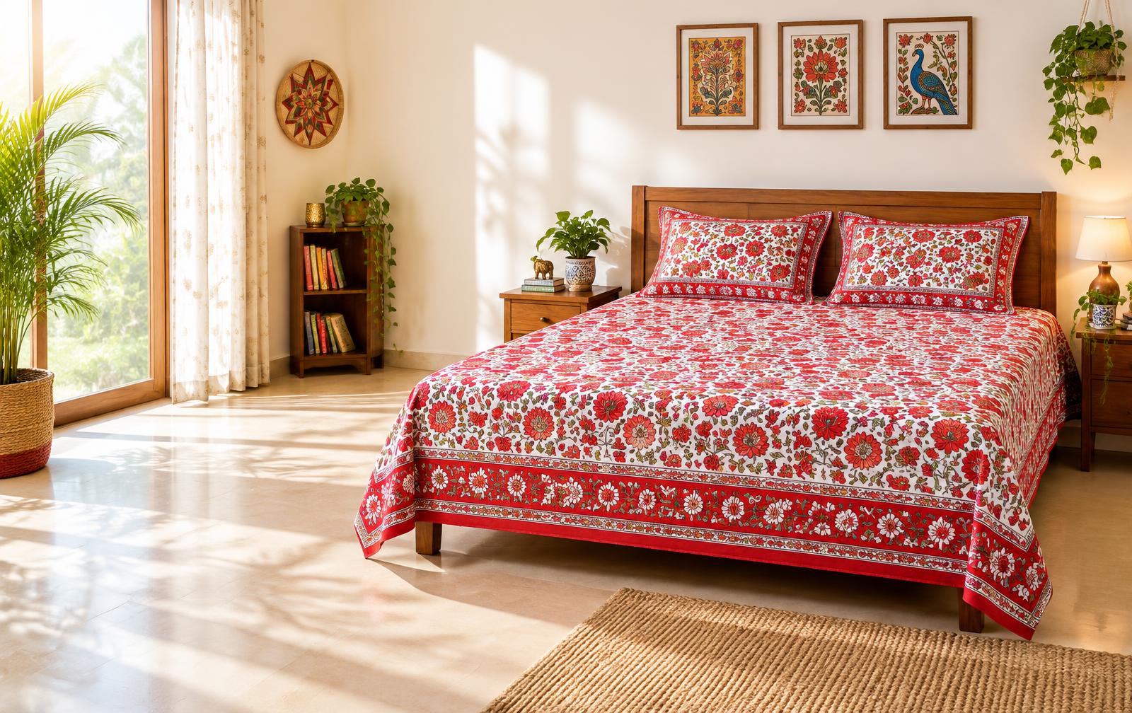 Bright bedroom with a red floral printed bedsheet set